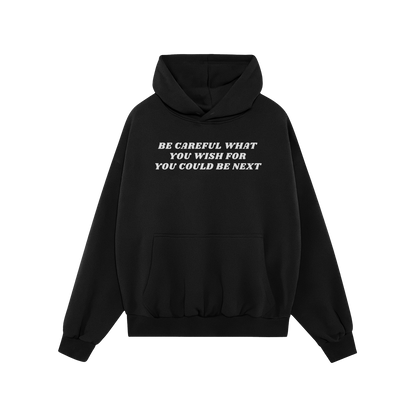 Black Be Careful Hoodie with bold white text warning against hate and injustice, midweight unisex design for activism and pro