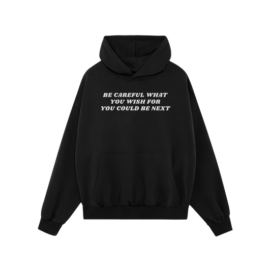 Black Be Careful Hoodie with bold white text warning against hate and injustice, midweight unisex design for activism and pro