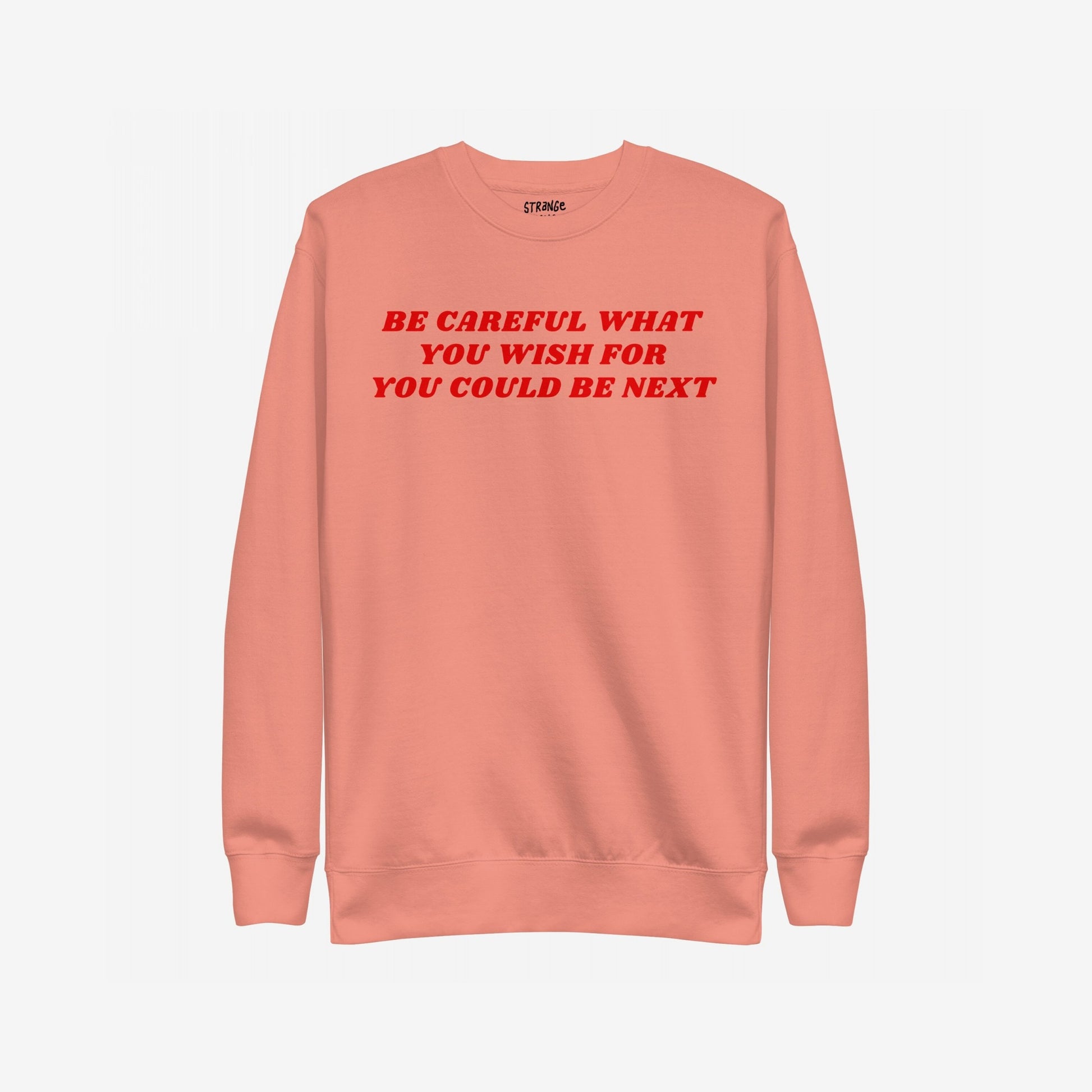 Coral-pink Be Careful Sweatshirt EU with bold red anti-fascist message BE CAREFUL WHAT YOU WISH FOR YOU COULD BE NEXT across the chest, featuring a small inside collar label.