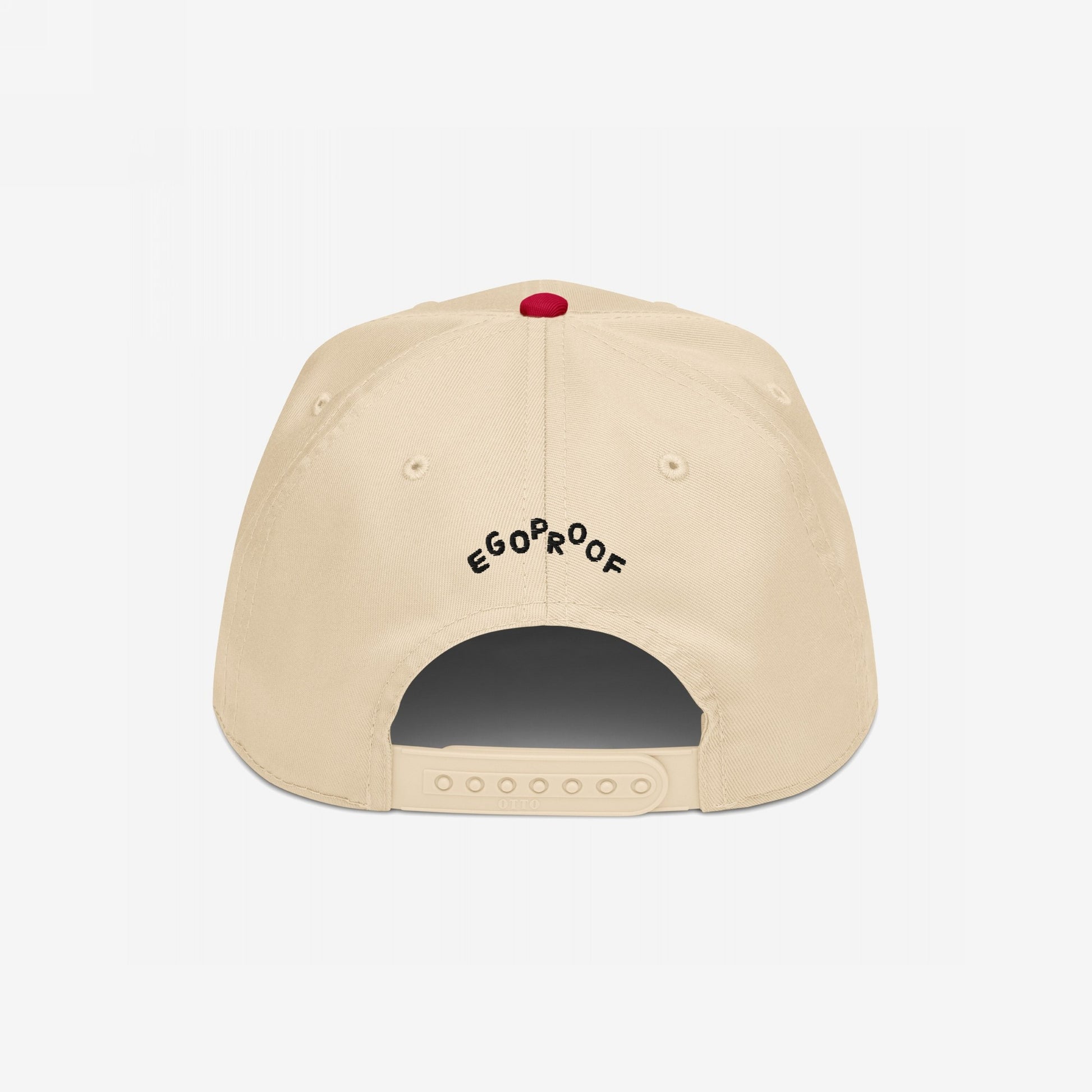 Back view of Custom Hate Has No Home Here 5-Panel Hat in beige with adjustable snapback and EGOPROOF text embroidery.