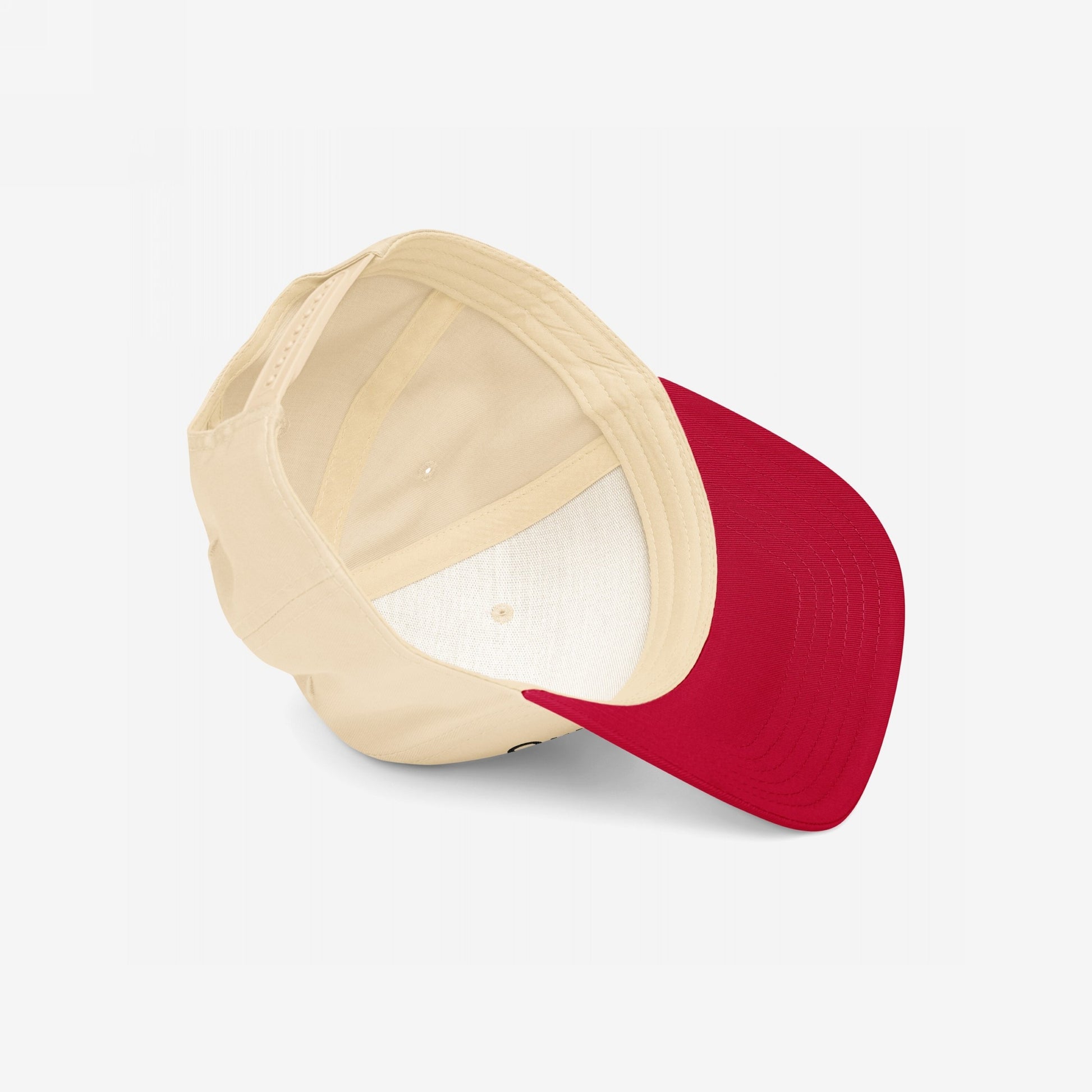 Custom Hate Has No Home Here 5-Panel Hat with beige panels and red semi-curved visor shown from underside with adjustable snapback closure