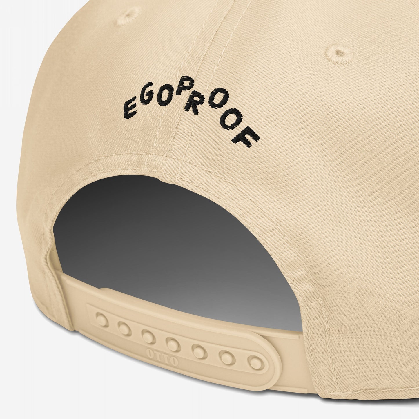 Back view of Custom Hate Has No Home Here 5-Panel Hat in beige showing adjustable snapback and embroidered EGOPROOF text