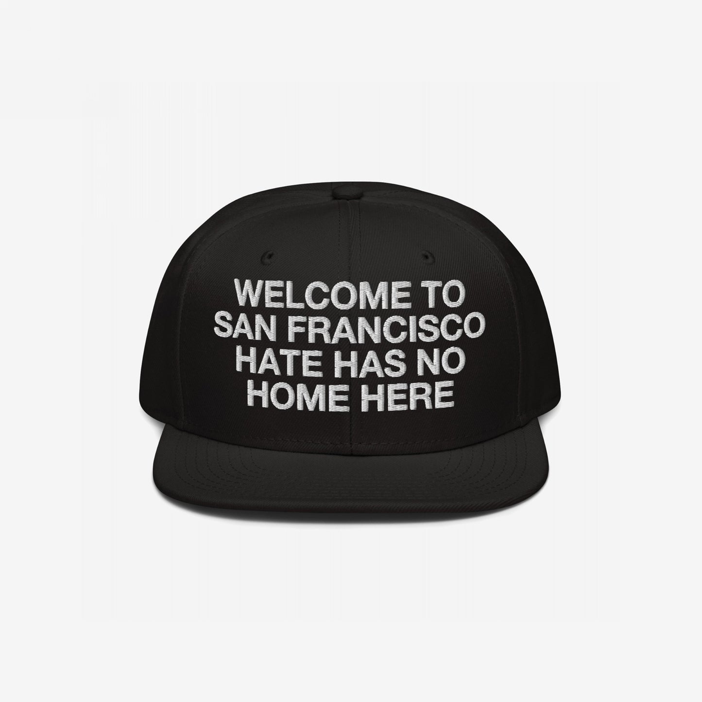Custom Hate Has No Home Here Snapback Hat in black with bold white embroidery promoting inclusivity and adjustable snap closure for a perfect fit