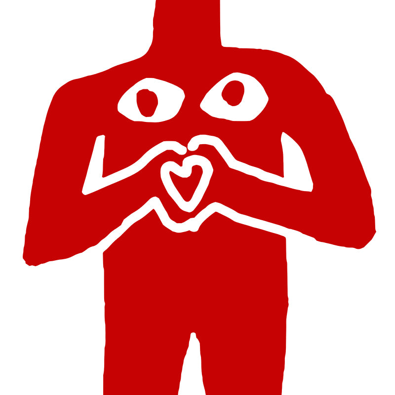 Red abstract figure with white eyes and hands forming a heart shape, representing the Unused File product concept.