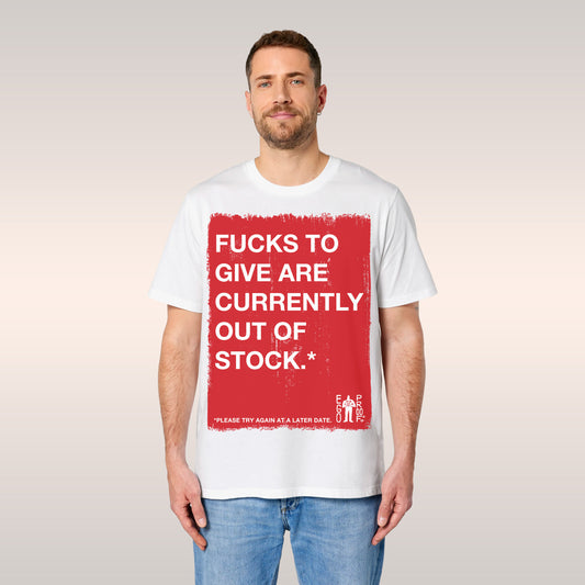 Young man in a Fucks To Give T-shirt featuring bold red and white text, conveying a humorous message about selective apathy.