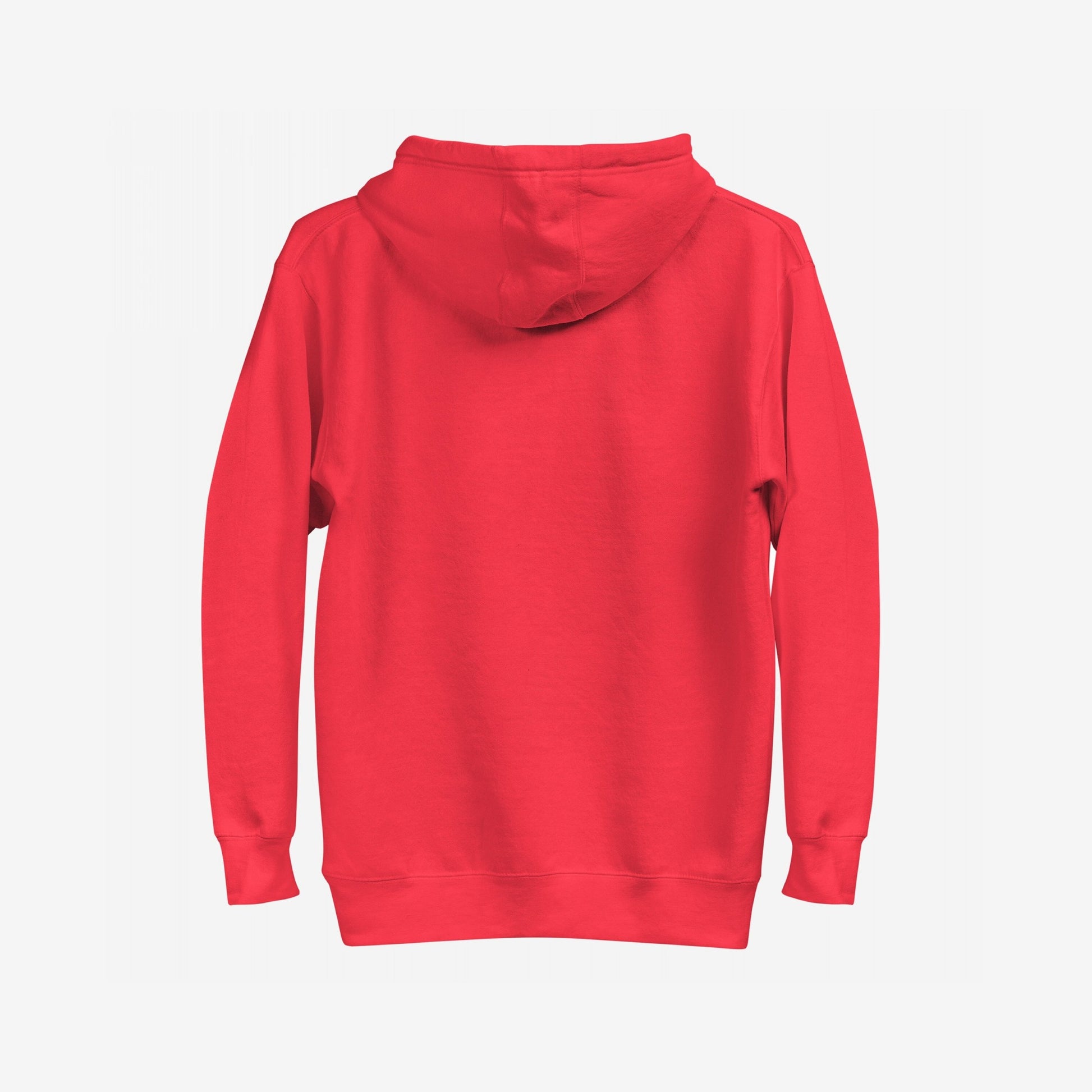 Good Day Hoodie EU, back view; plain red design, midweight unisex fit. Crafted for comfort and optimism, it symbolizes warmth and hope, benefiting NAMI. Ideal for mindful, serotonin-boosting routines.