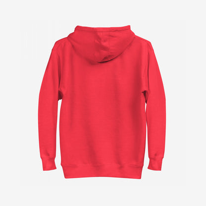 Good Day Hoodie EU, back view; plain red design, midweight unisex fit. Crafted for comfort and optimism, it symbolizes warmth and hope, benefiting NAMI. Ideal for mindful, serotonin-boosting routines.