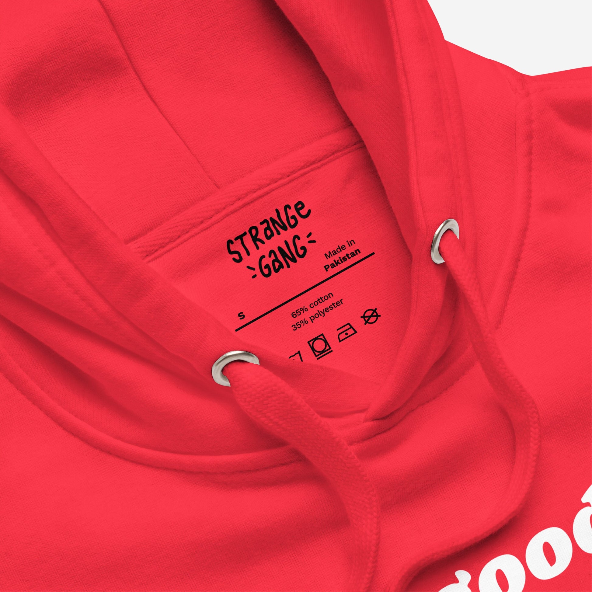 Good Day Hoodie EU close-up: inside neck with label, size small, made in Pakistan, 65% cotton, 35% polyester. Part of hood lining and drawstring eyelets visible.