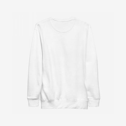 Good Day Sweatshirt EU: A plain white, long-sleeve crewneck sweatshirt viewed from the back, featuring ribbed cuffs and hem. Designed for comfort and optimism, perfect for joy-chasers and positive energy enthusiasts.