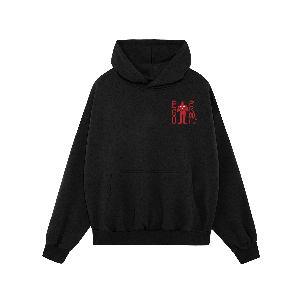 Custom Hate Has No Home Here Hoodie featuring a black pullover design with front kangaroo pocket, drawstrings, and a red EGO 