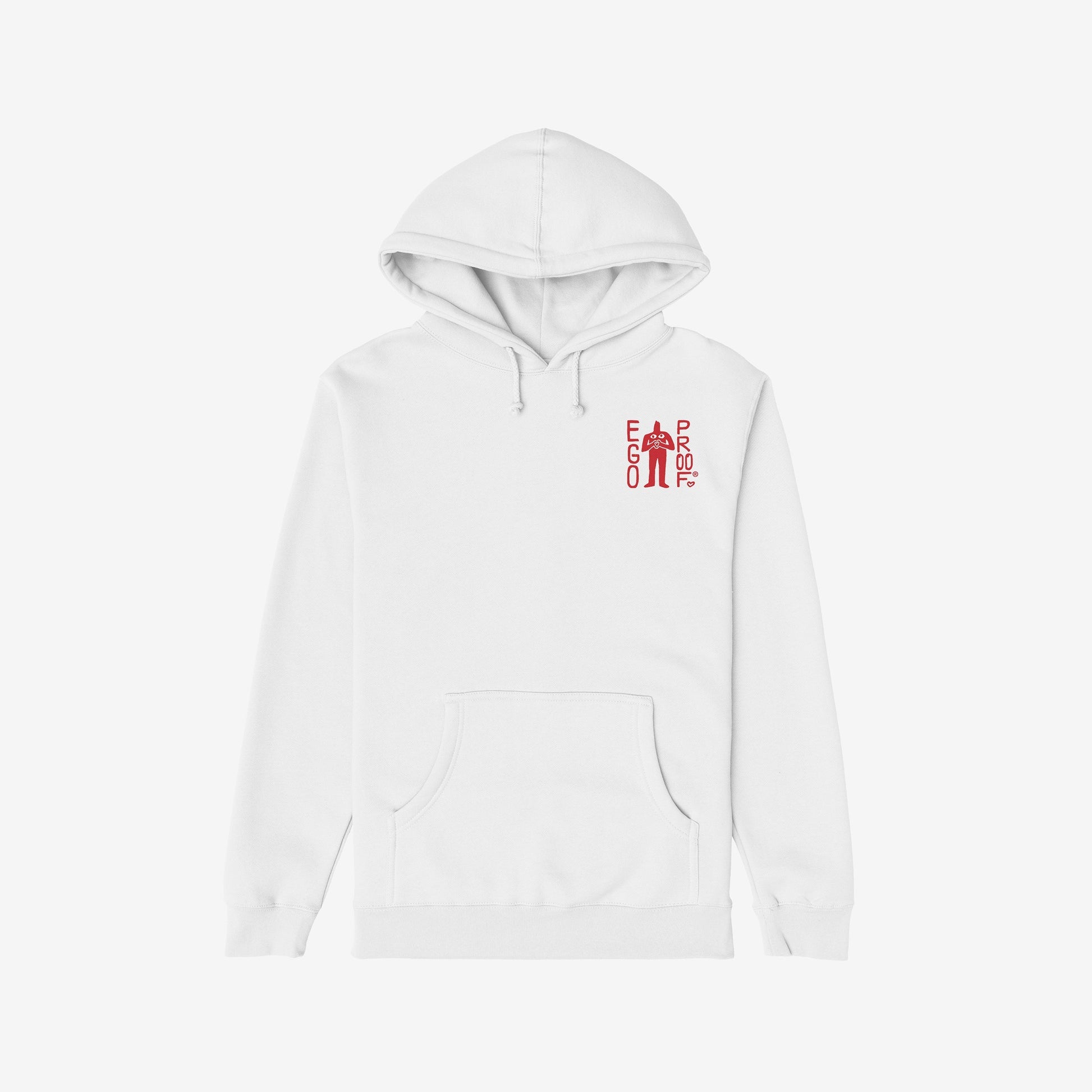 Custom Hate Has No Home Here Hoodie with EGO PROOF logo and figure on the chest. Features a personalizable back message advocating unity. Ideal for promoting inclusivity and standing against hate.