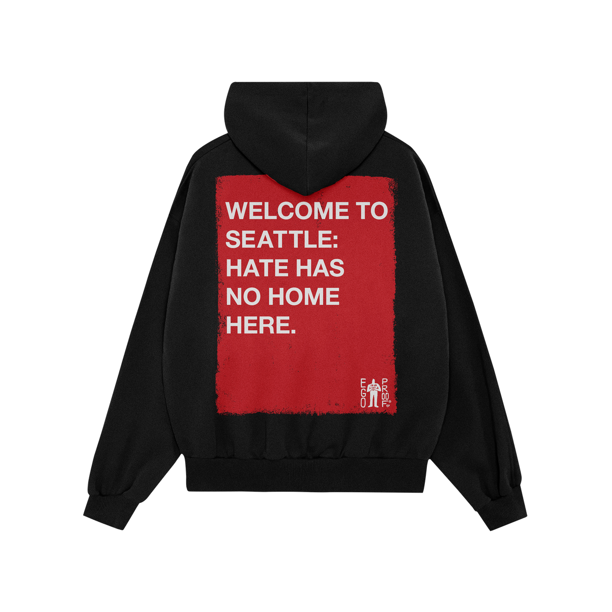 Custom Hate Has No Home Here Hoodie featuring bold white text on a distressed red rectangle on the back, conveying a strong m