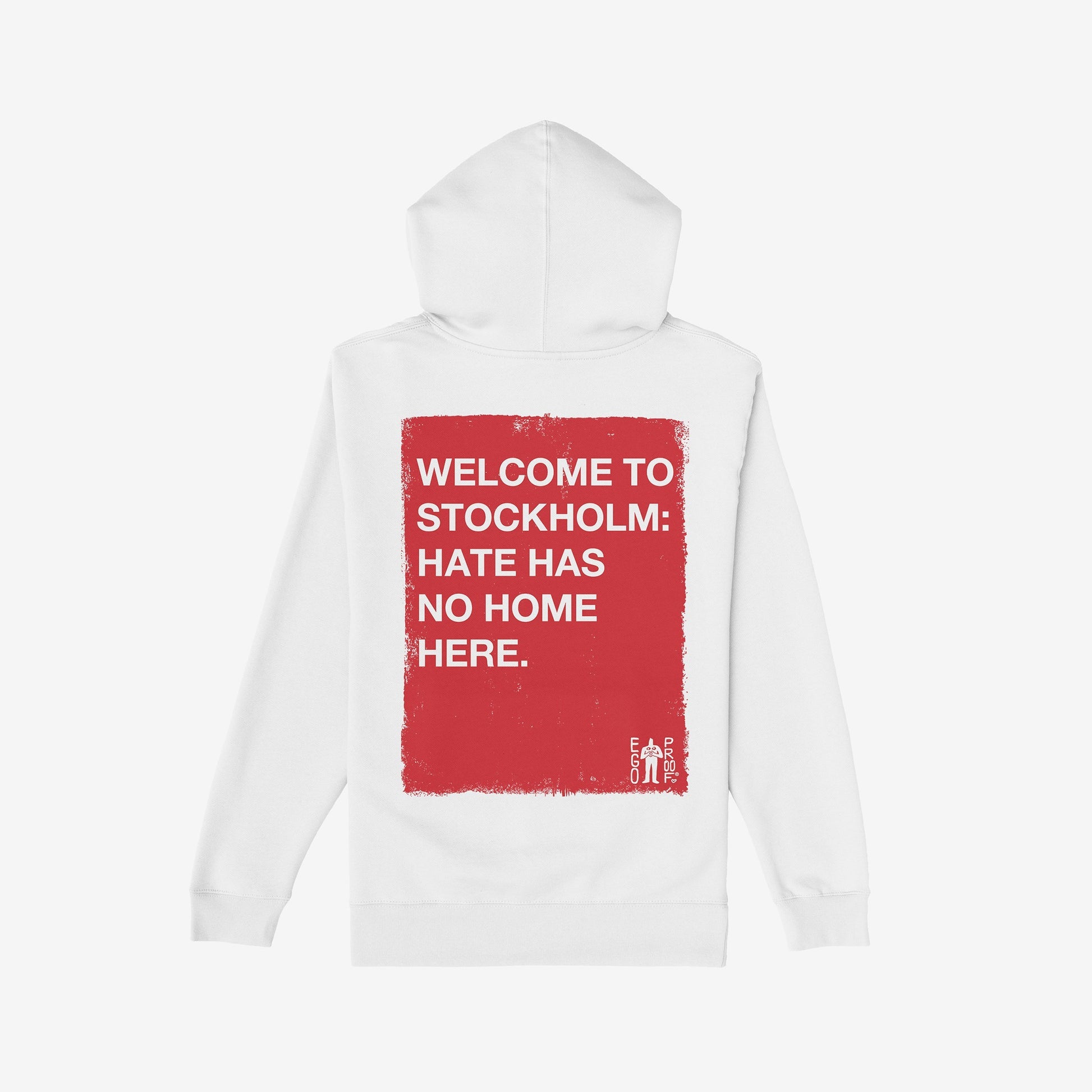 Custom Hate Has No Home Here Hoodie features a back view with a bold red rectangle and white text promoting unity. Personalize the front with your city, making a powerful statement against hate.