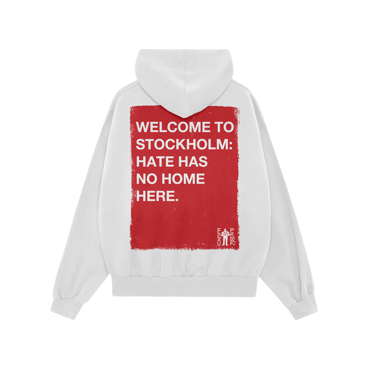 Custom Hate Has No Home Here Hoodie features a back view with a bold red rectangle and white text promoting unity. Personaliz