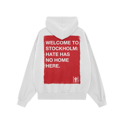 Custom Hate Has No Home Here Hoodie features a back view with a bold red rectangle and white text promoting unity. Personaliz