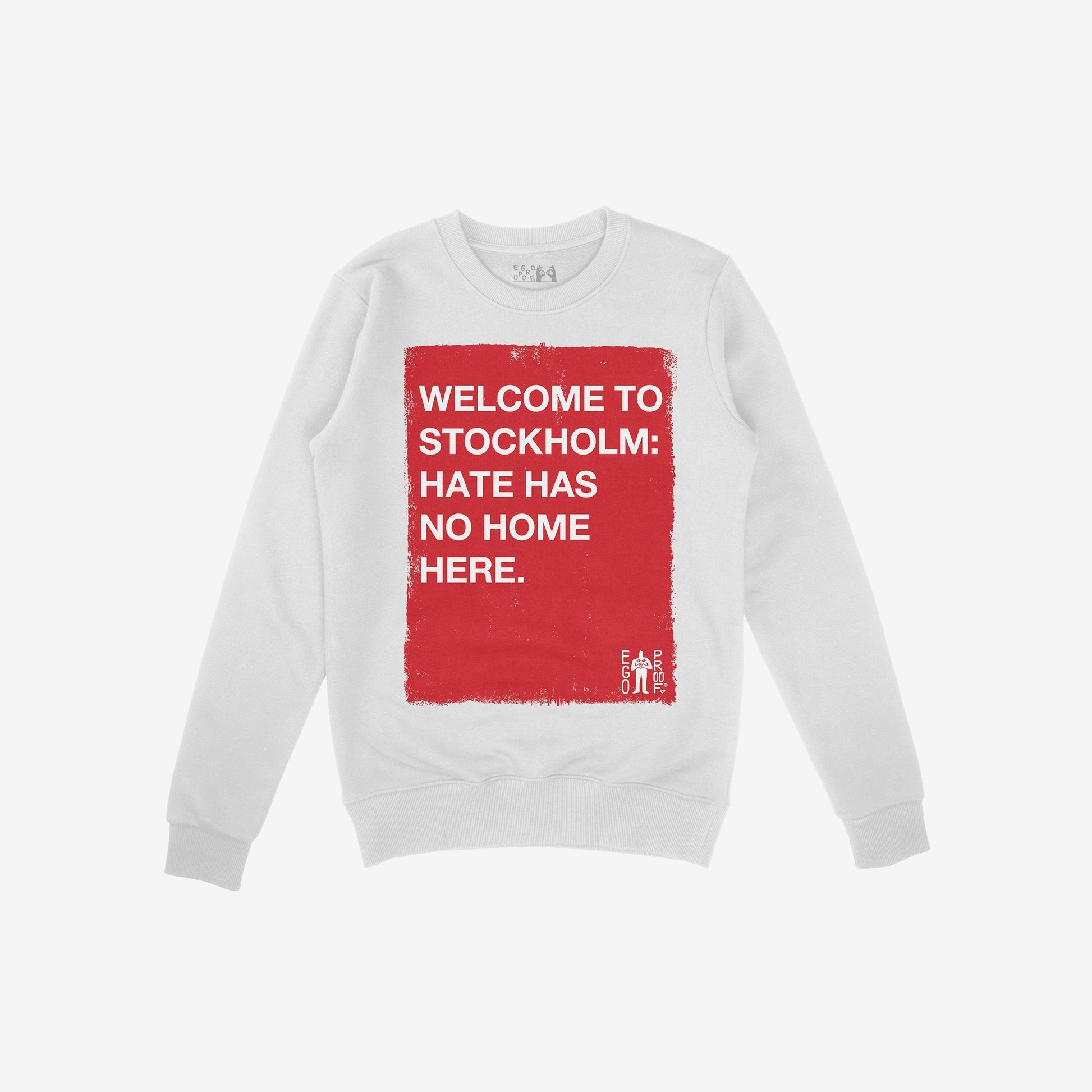 Custom Hate Has No Home Here Sweatshirt featuring a bold red rectangle with empowering text, perfect for expressing solidarity and resistance. Ideal for those committed to confronting hate and promoting unity.