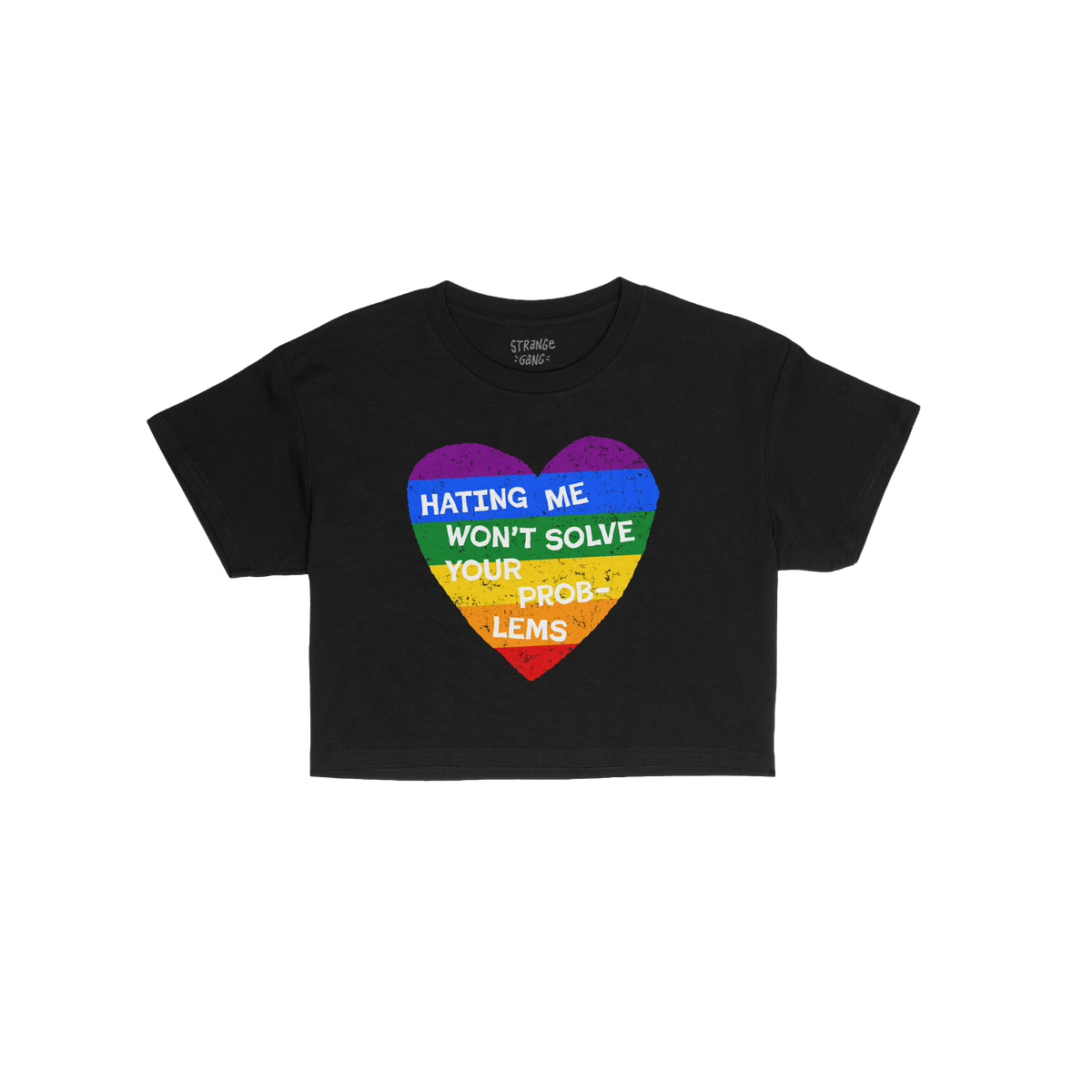 No LGBTQ Hate Women's Baby Tee black crop top with rainbow heart and "Hating Me Won't Solve Your Problems" text for Pride and