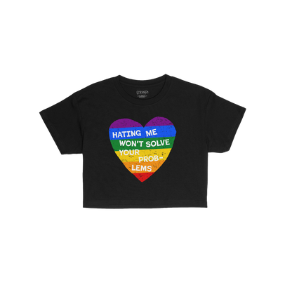 No LGBTQ Hate Women's Baby Tee black crop top with rainbow heart and "Hating Me Won't Solve Your Problems" text for Pride and