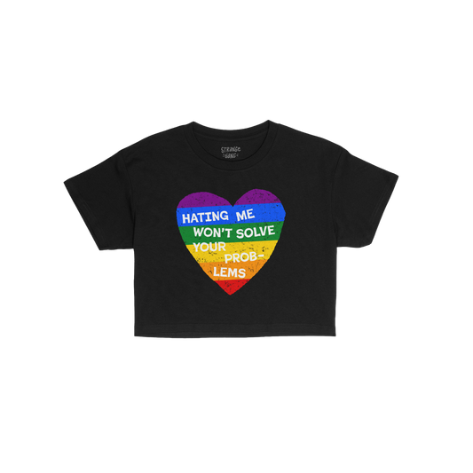 No LGBTQ Hate Women's Baby Tee black crop top with rainbow heart and "Hating Me Won't Solve Your Problems" text for Pride and