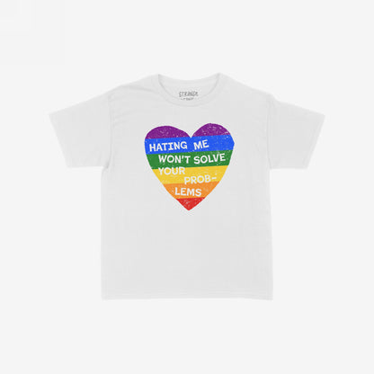 No LGBTQ Hate Kids T-shirt EU features a distressed rainbow heart with the phrase HATING ME WON’T SOLVE YOUR PROBLEMS, embodying a powerful message of love and acceptance.