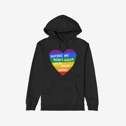 No LGBTQ Hate Hoodie in black with rainbow heart and message "Hating me won't solve your problems" promoting queer visibility and pride.