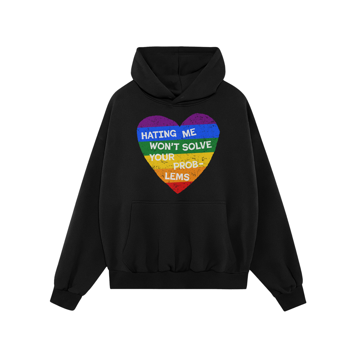 No LGBTQ Hate Hoodie in black with rainbow heart and message "Hating me won't solve your problems" promoting queer visibility