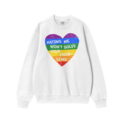 No LGBTQ Hate Hoodie & Sweatshirt featuring rainbow heart and message about pride and resilience on cozy white crewneck sweat