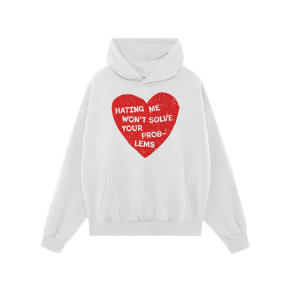 No Hate Hoodie white with red heart and text Hating Me Won’t Solve Your Problems, supporting The Trevor Project donation ca