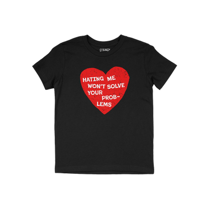 No Hate Kids T-shirt black with red heart and Hating Me Won't Solve Your Problems message promoting kindness and inclusion.