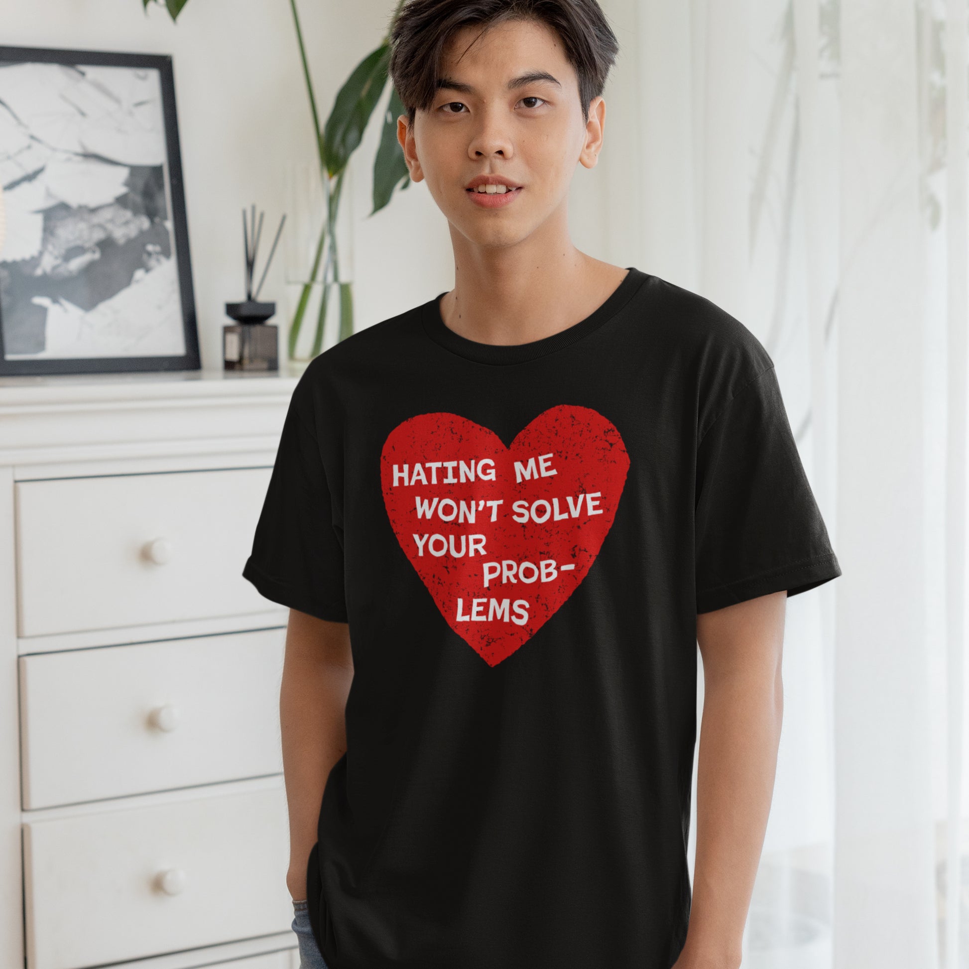 No Hate Kids T-shirt EU features a bold red heart with white text, HATING ME WON’T SOLVE YOUR PROB-LMS, on a black tee, perfect for promoting empathy and courage in children.