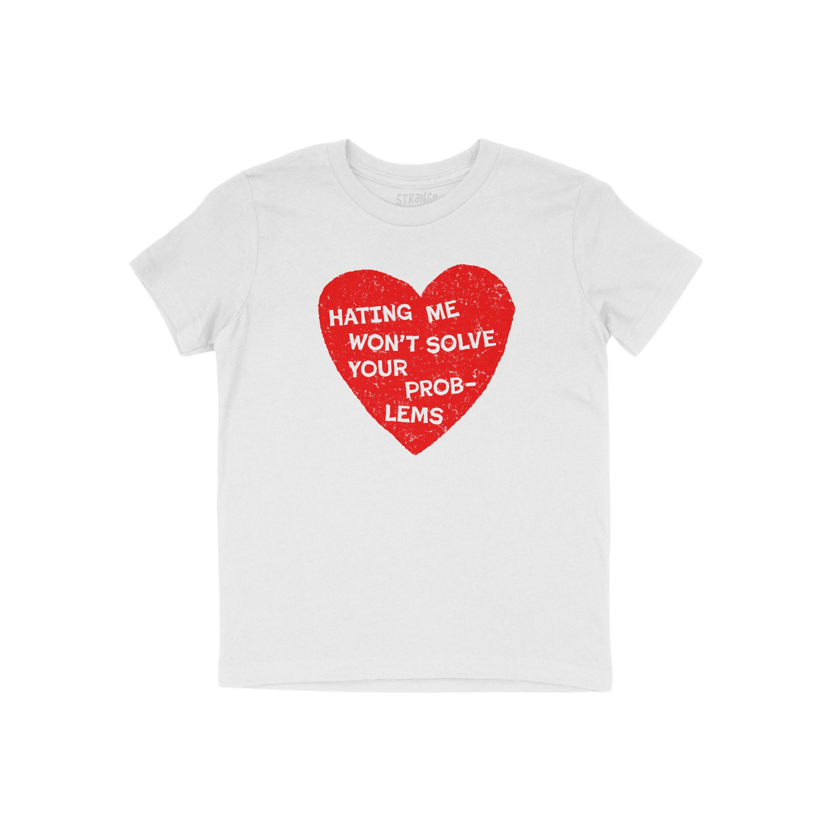 No Hate Kids T-shirt with red heart and message "Hating Me Won't Solve Your Problems" promoting kindness and inclusion for ch