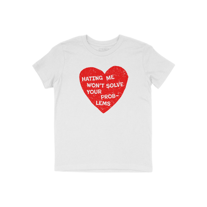 No Hate Kids T-shirt with red heart and message "Hating Me Won't Solve Your Problems" promoting kindness and inclusion for ch