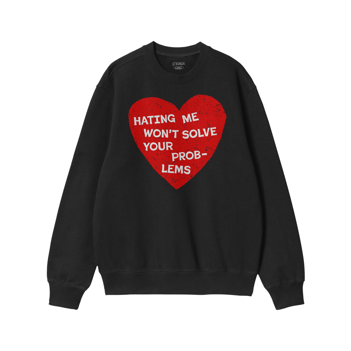 Black sweatshirt featuring a red heart with bold white text, part of the No Hate Hoodie & Sweatshirt collection promoting con