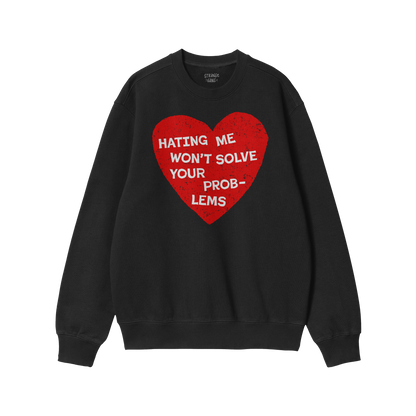 Black sweatshirt featuring a red heart with bold white text, part of the No Hate Hoodie & Sweatshirt collection promoting con