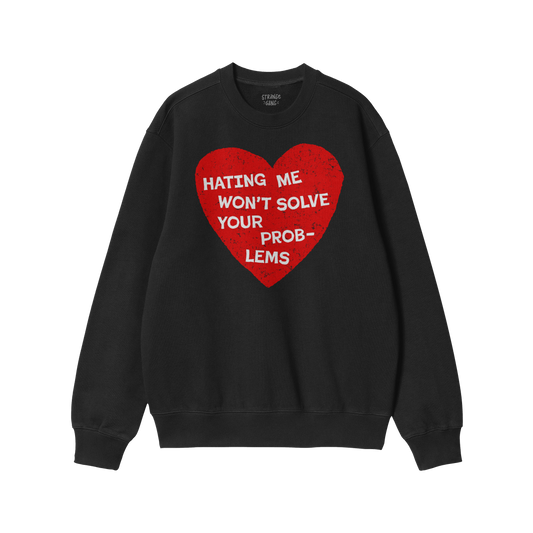 Black sweatshirt featuring a red heart with bold white text, part of the No Hate Hoodie & Sweatshirt collection promoting con