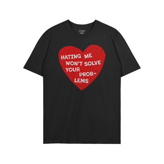 No Hate T-shirt in black with red heart graphic and "Hating Me Won’t Solve Your Problems" message promoting equality and re