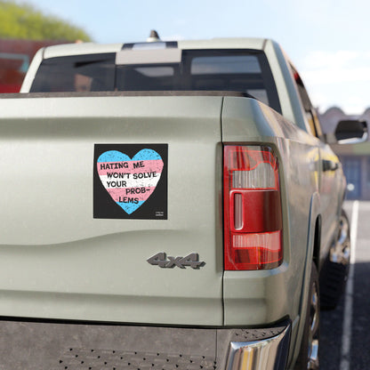 No Trans Hate Sticker & Magnet on truck tailgate featuring trans flag heart and message, promoting trans pride and visibility.