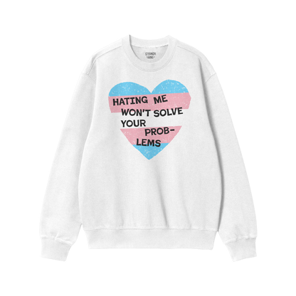 No Trans Hate Hoodie & Sweatshirt featuring a heart with trans flag colors and the empowering message against hate on a white