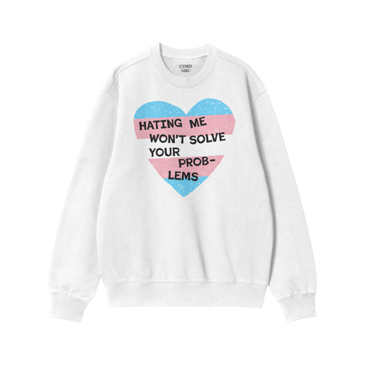 No Trans Hate Hoodie & Sweatshirt featuring a heart with trans flag colors and the empowering message against hate on a white