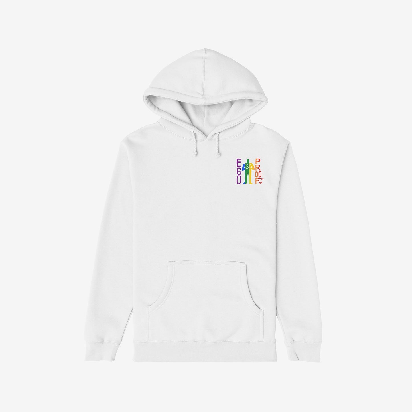 Custom Hate Has No Home Here Pride Hoodie featuring a white pullover design with a small “EGO” logo on the front. Express LGBTQ+ support with a customizable rainbow flag on the back.