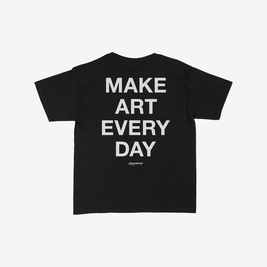 Make Art Every Day Women's Baby Tee in black with bold white text encouraging creativity on the back, vintage-inspired cropped style.