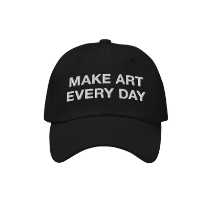 Make Art Every Day Hat: Black baseball cap with bold white embroidery, featuring a motivational message. Classic six-panel de