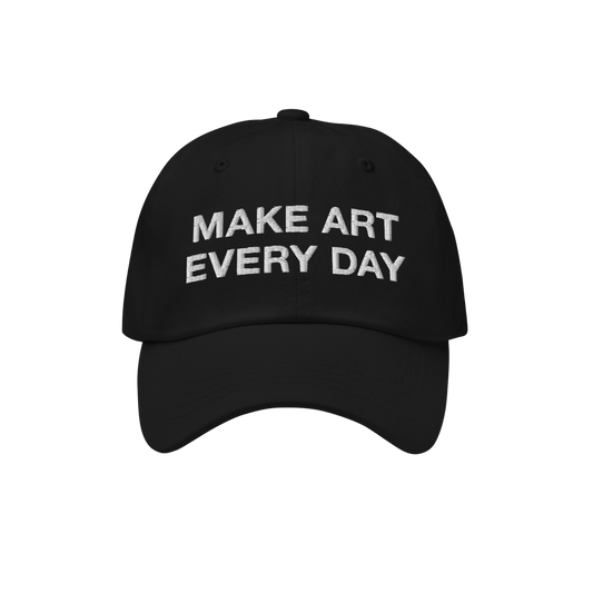Make Art Every Day Hat: Black baseball cap with bold white embroidery, featuring a motivational message. Classic six-panel de