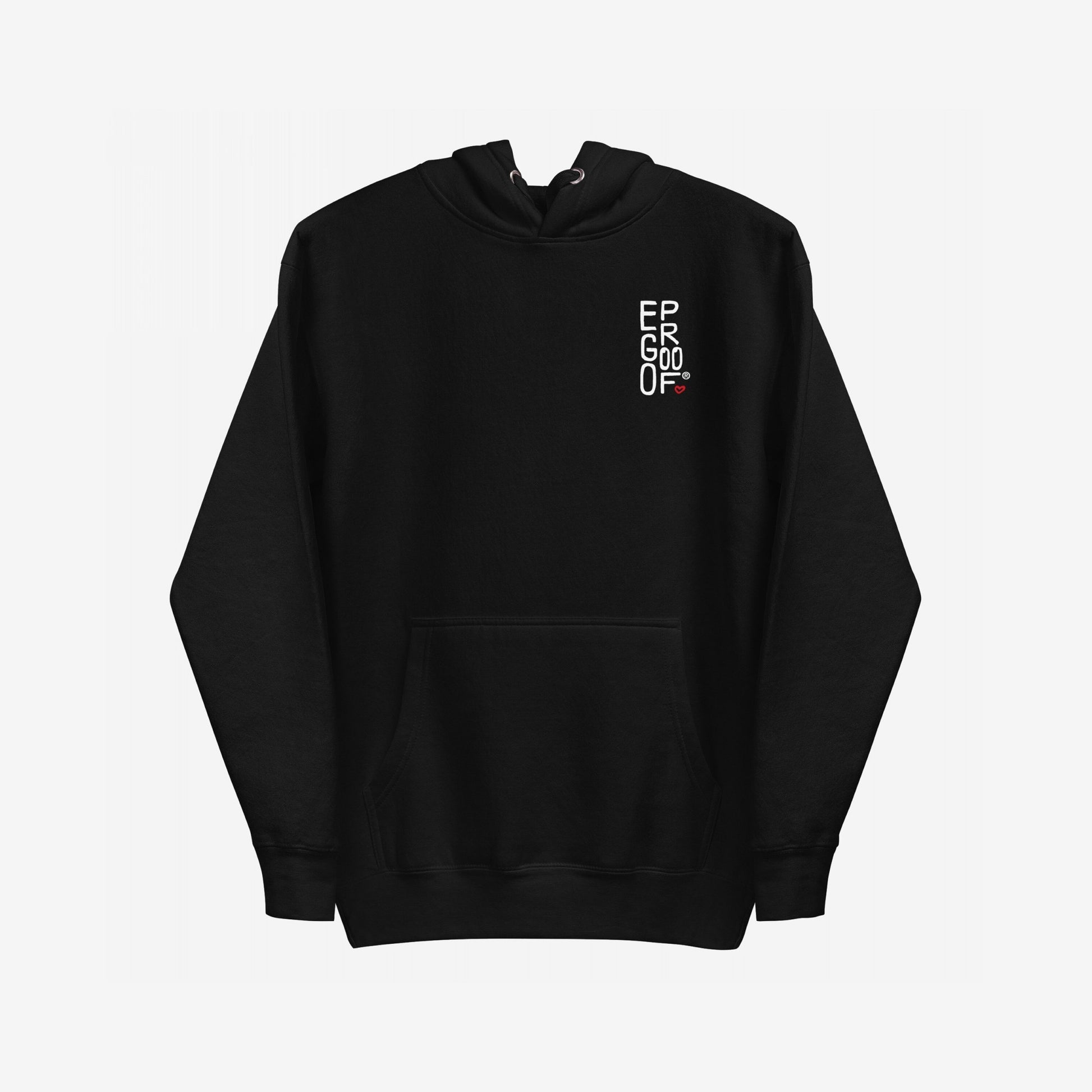 Make Art Every Day Hoodie EU: Black pullover hoodie with EG PROOF and red heart icon on chest; back reads Make art every day. Features a kangaroo pocket and drawstring hood.