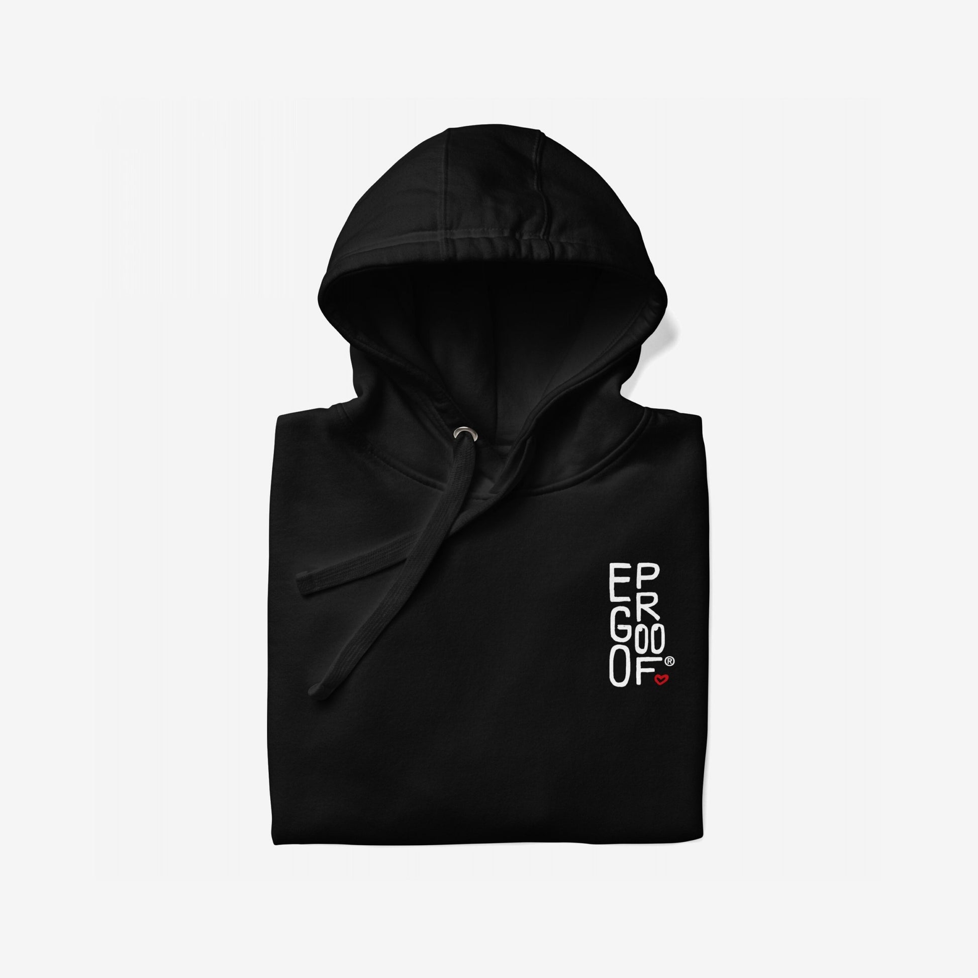 Make Art Every Day Hoodie EU: Plain black hoodie with white EPRGOOF graphic and red heart on chest, hood arranged neatly. Ideal for creators, supporting NAMI with every purchase.