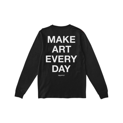 Black long sleeve Make Art Every Day T-shirt with bold white lettering on the back encouraging creativity every day.