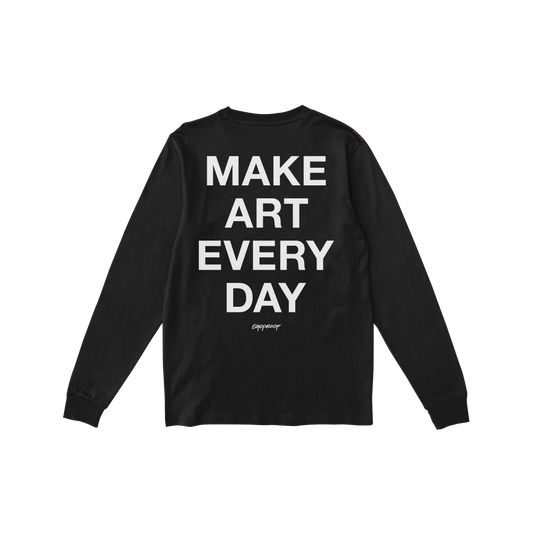 Black long sleeve Make Art Every Day T-shirt with bold white lettering on the back encouraging creativity every day.