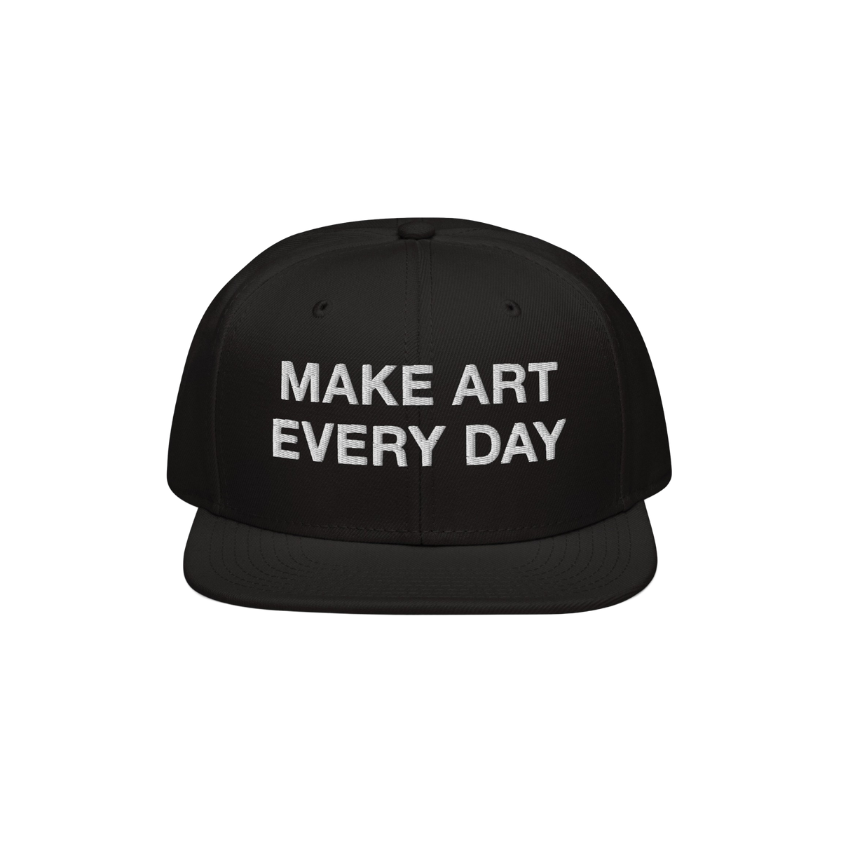 Black flat-brim snapback cap titled Make Art Every Day featuring bold white embroidered message, encouraging creativity and p