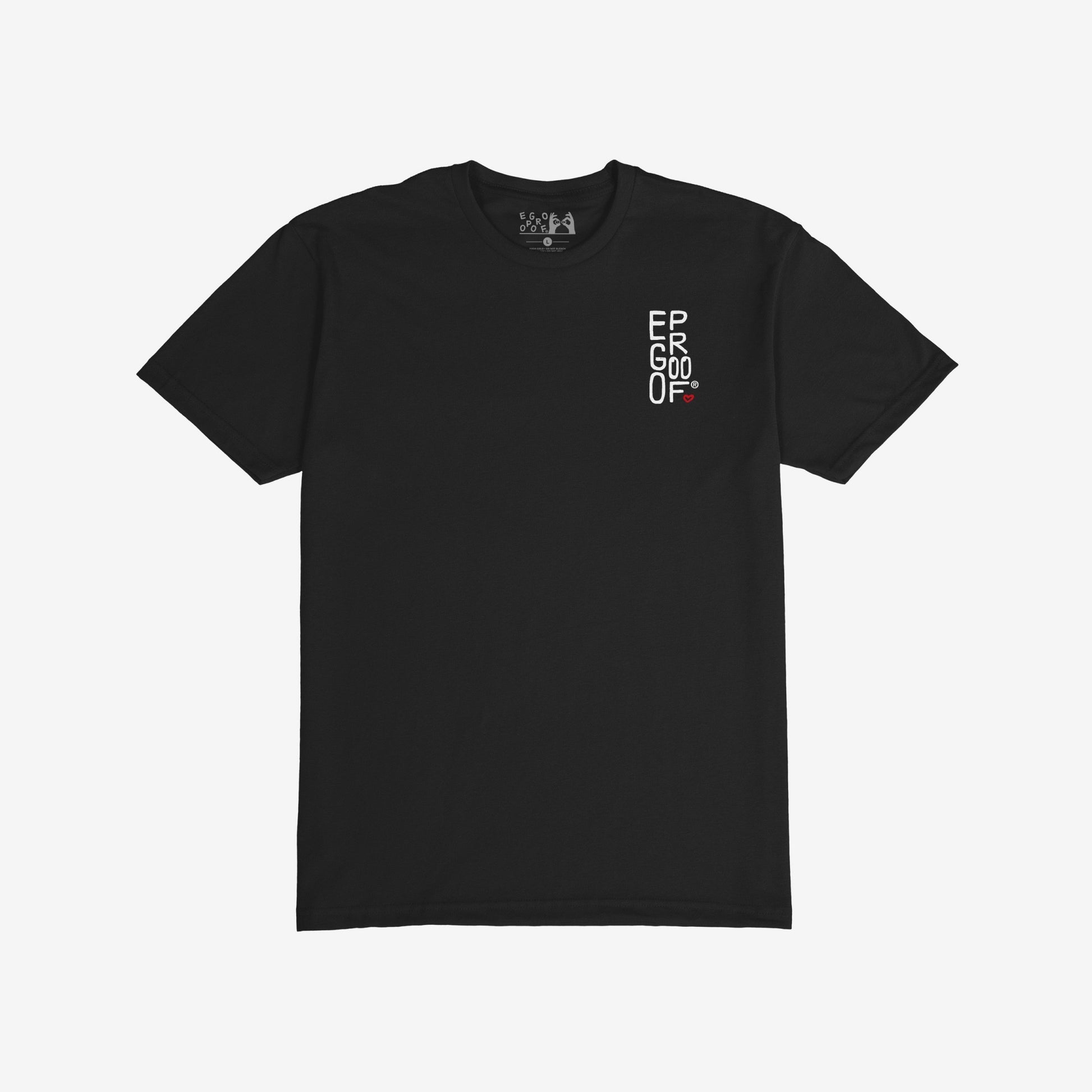 Make Art Every Day T-shirt EU: Flat-lay of a black short-sleeve tee with a small white logo on the chest, embodying Egoproof's creative spirit. Ideal for art enthusiasts and mindful creators.