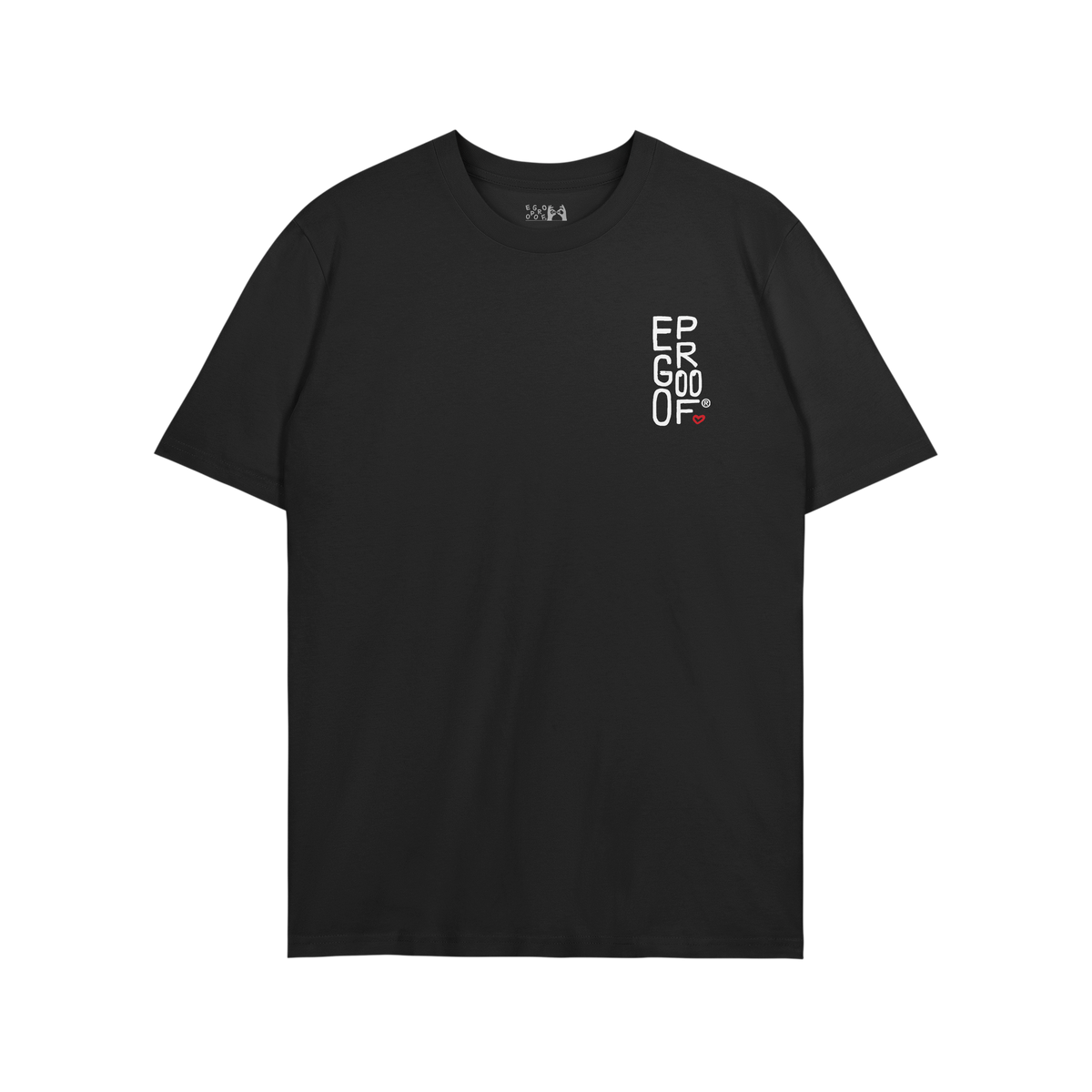 Make Art Every Day T-shirt EU: Flat-lay of a black short-sleeve tee with a small white logo on the chest, embodying Egoproof'